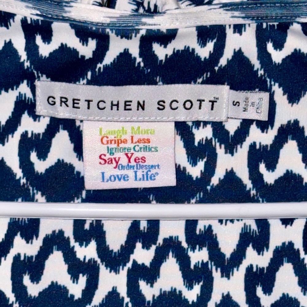 Gretchen Scott Designs Navy White Ikat Ruffleneck Jersey Dress Sz Sm. 3/4 Sleeve - Picture 2 of 6